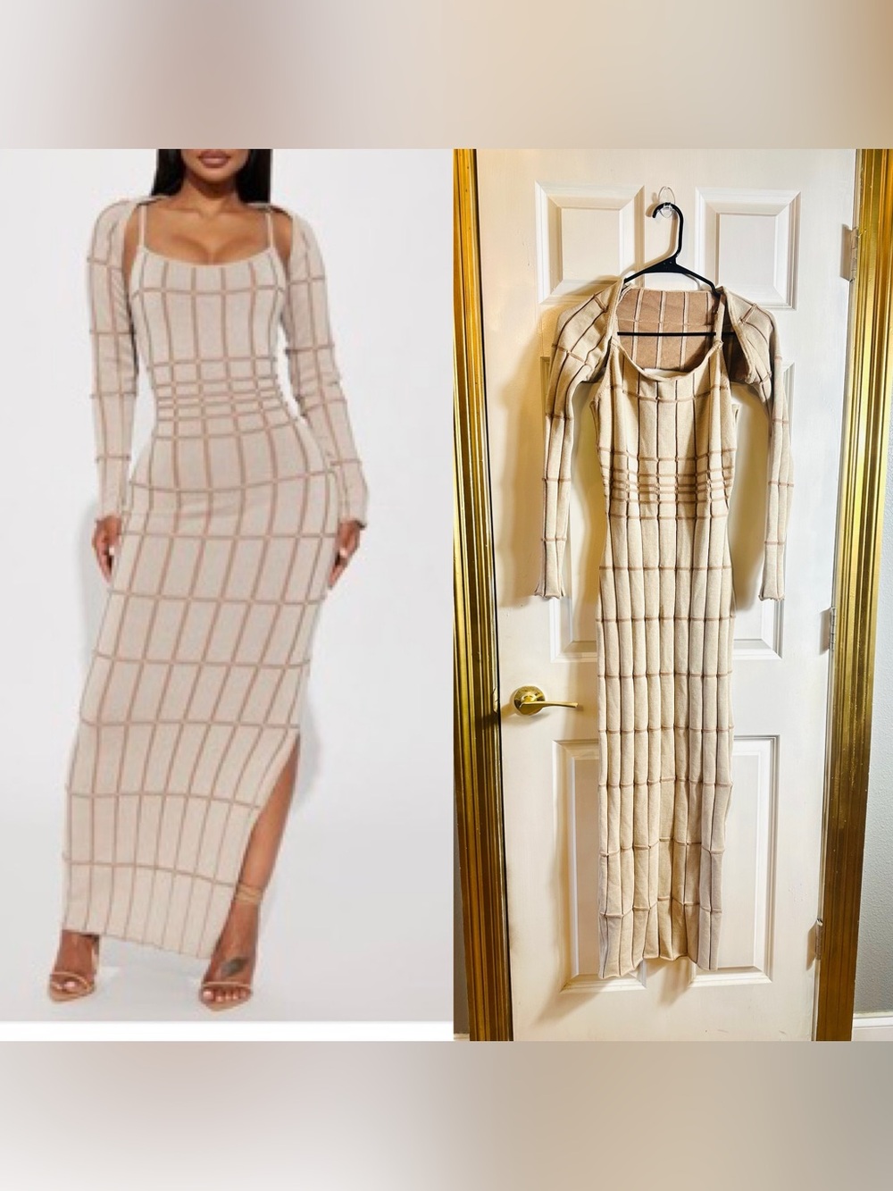 Beige Grid Knit Maxi Dress with Detachable Bolero